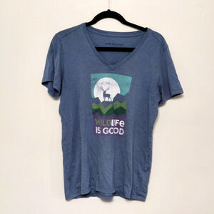 Life is Good V-Neck T-Shirt Medium Blue Wildlife Deer Graphic Casual